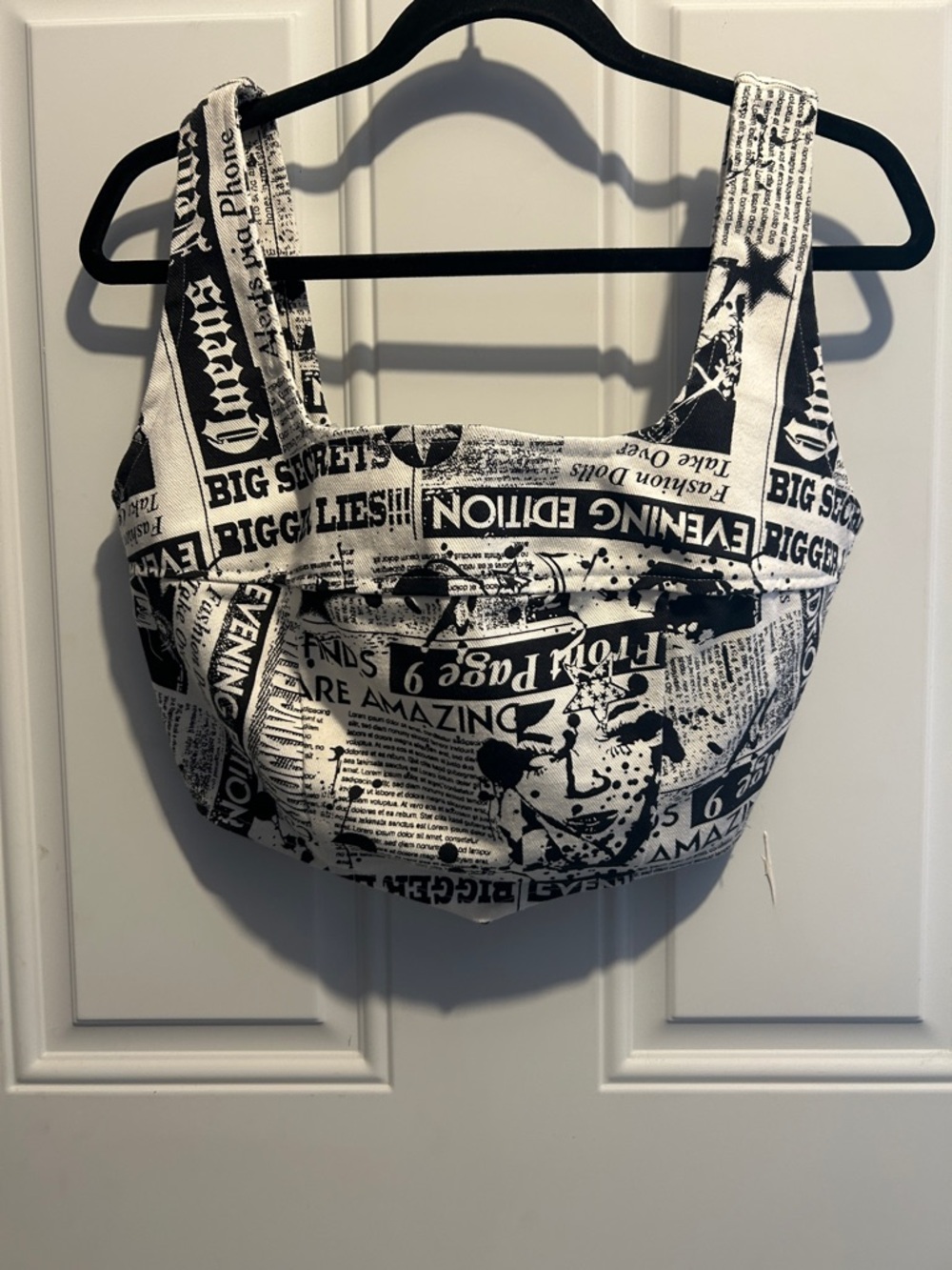 Black & White Newspaper-Print Crop Top with Wide Straps